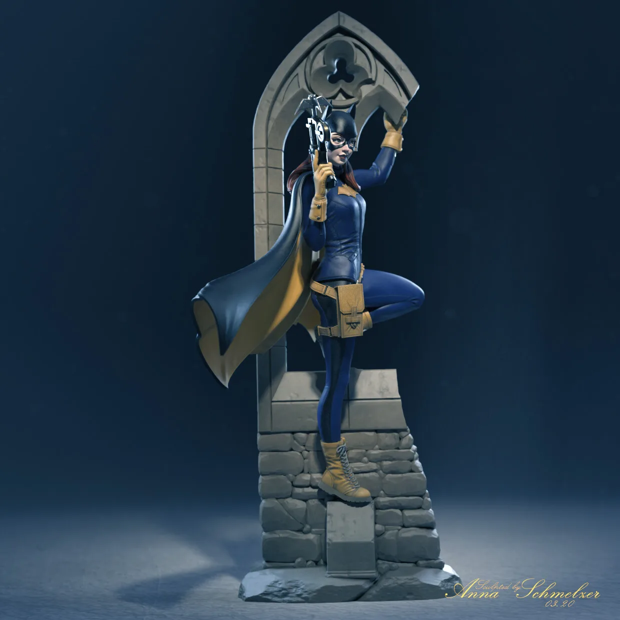 Batgirl miniature figure — full hero render with cape and moonlit archway, ZBrush and Octane Render by Anna Schmelzer