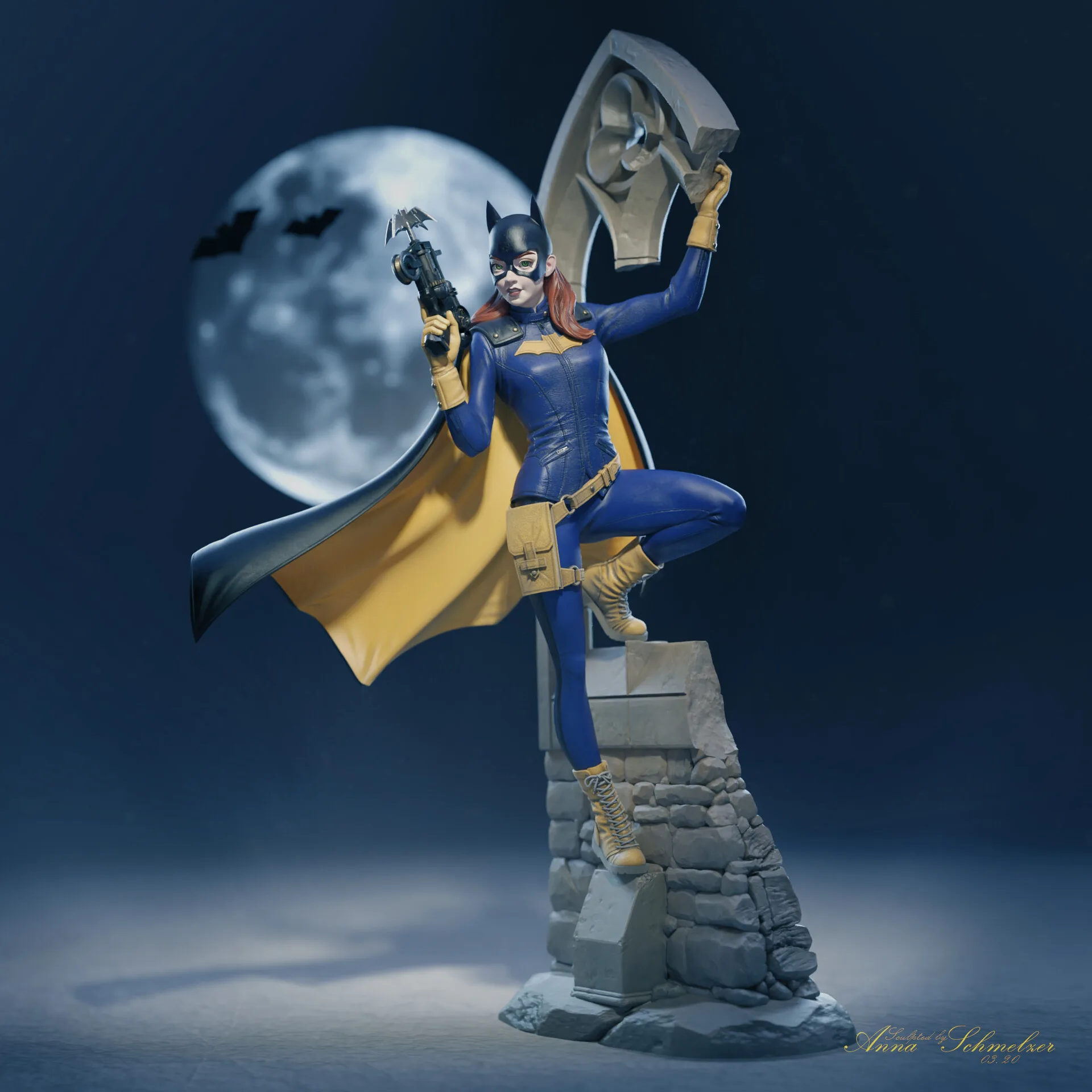 Batgirl ZBrush character model — high-poly sculpt showing costume detail and topology by Anna Schmelzer