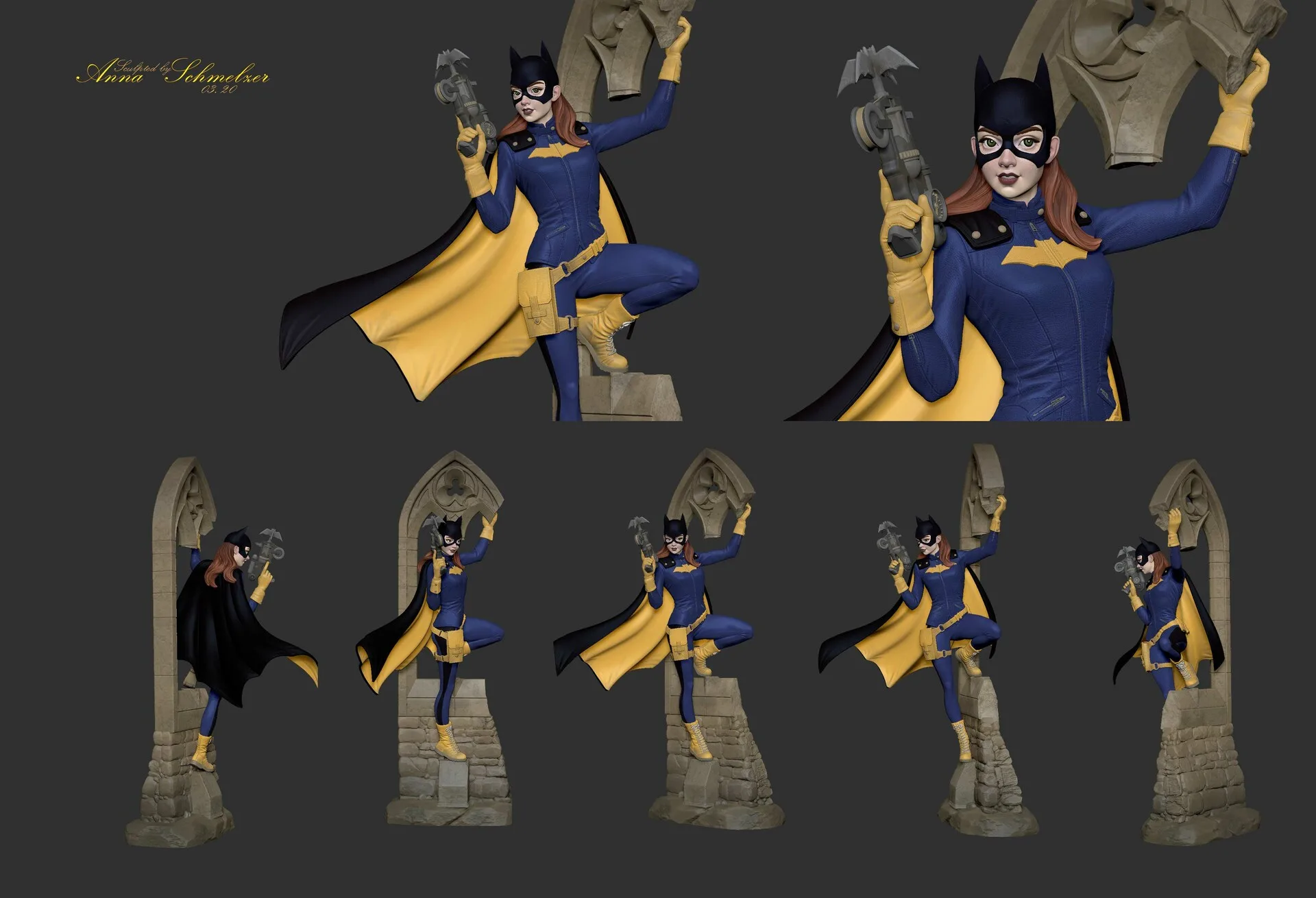 Batgirl — ZBrush collectible sculpt showing multi-angle turnaround, character modelling by Anna Schmelzer