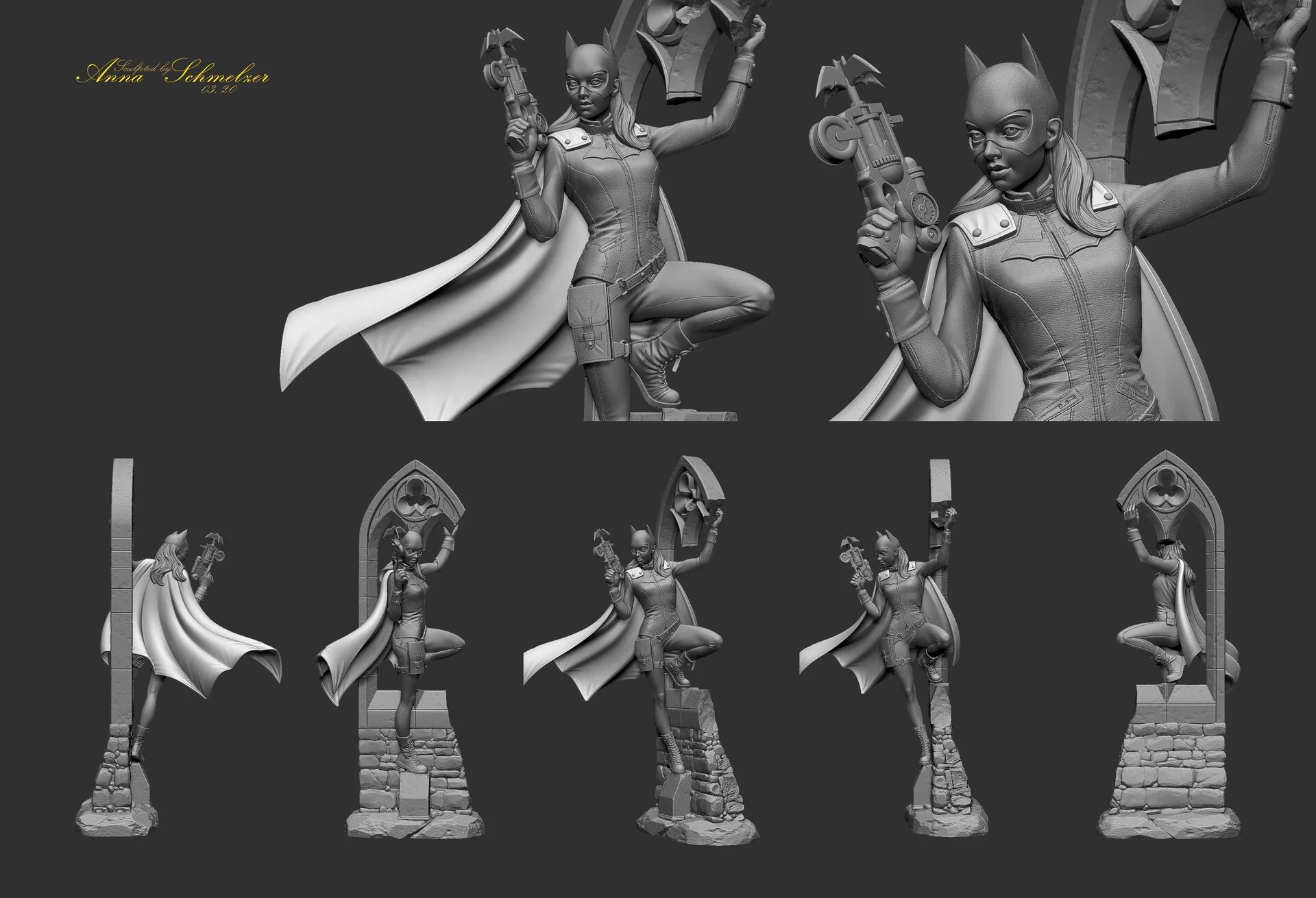 Batgirl DC Comics — front and side view of 1/16 scale ZBrush collectible figure by Anna Schmelzer