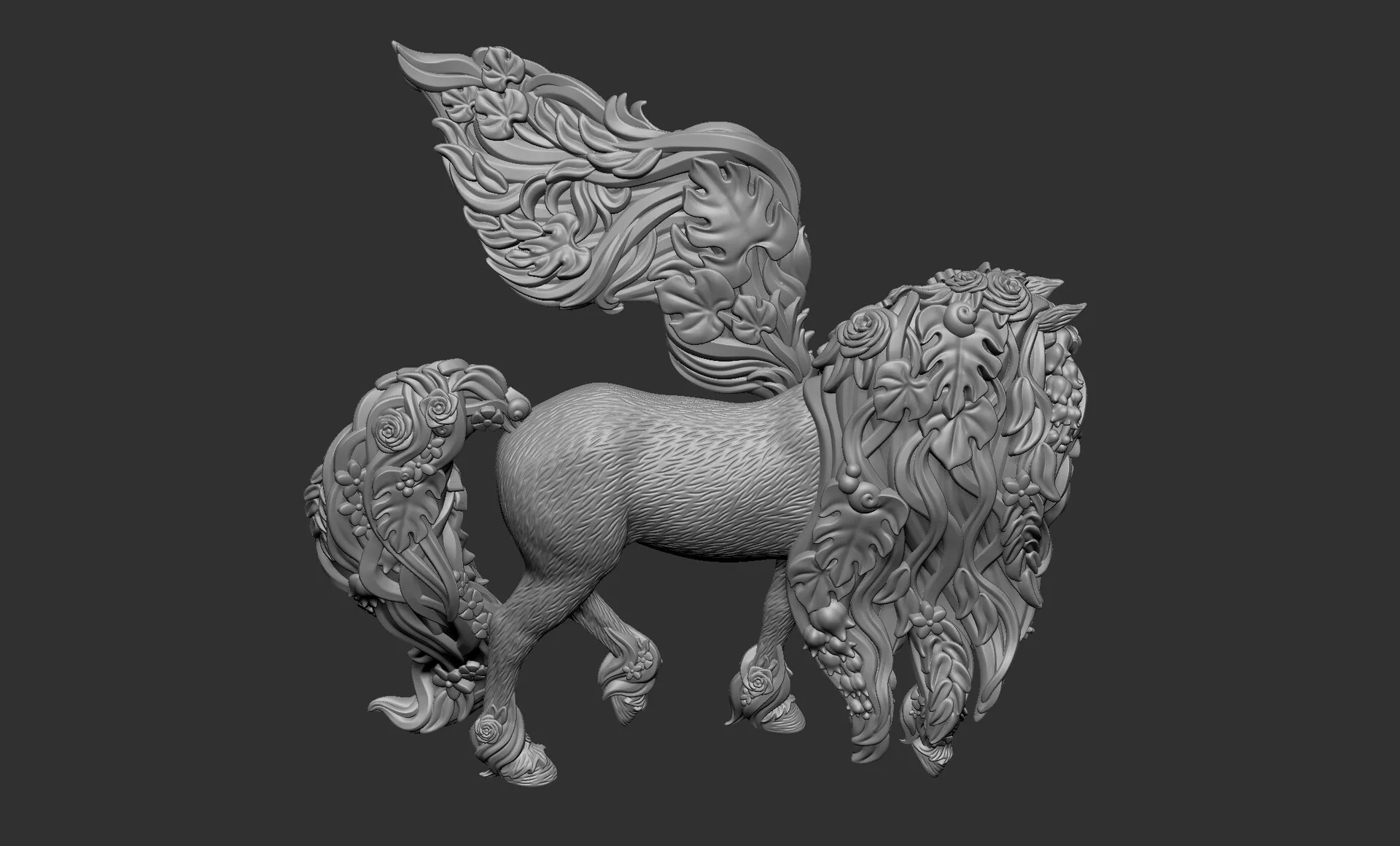 Blossom Pegasus — ZBrush clay render 03, showing petal and mane geometry detail