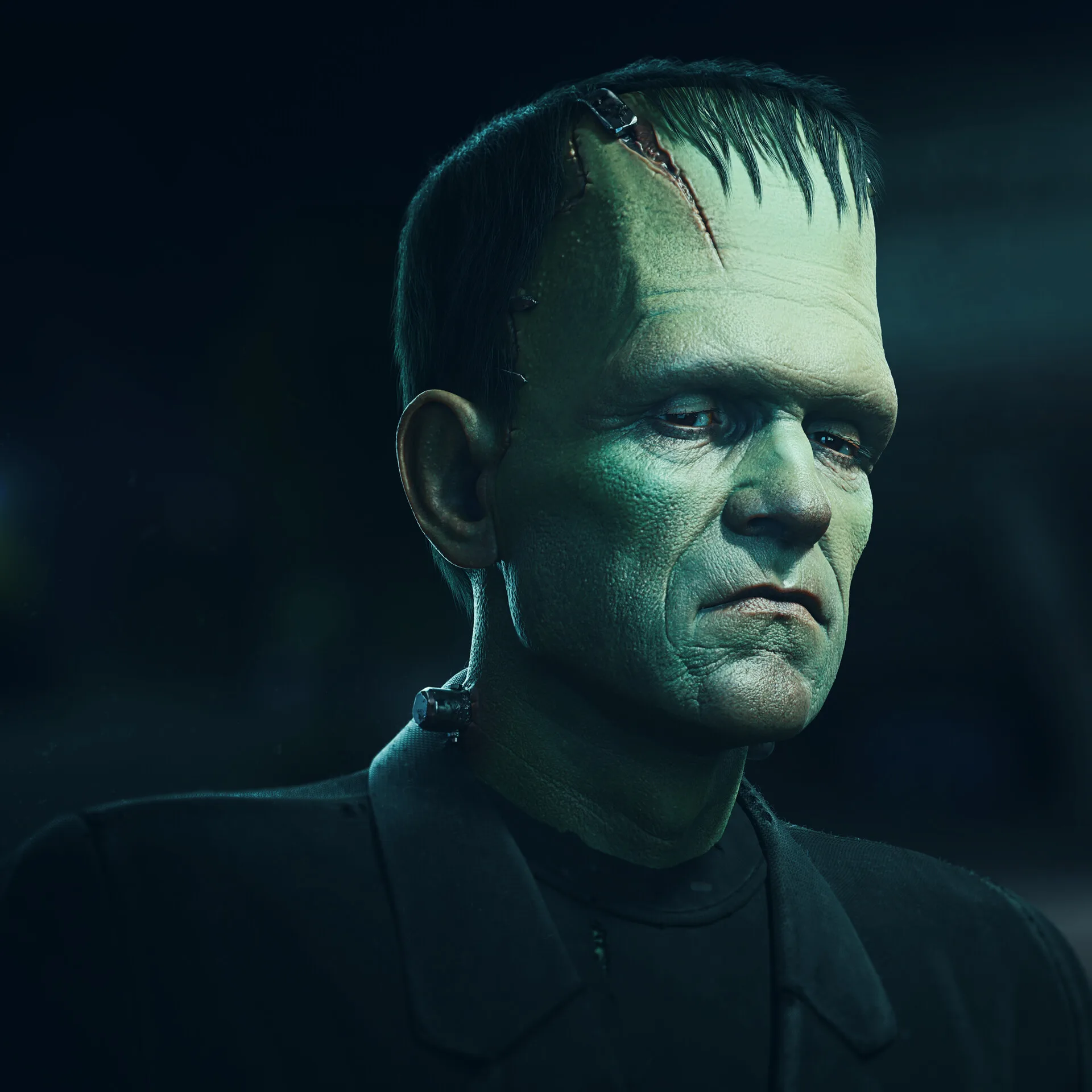 Frankenstein's Monster — alternate 3/4 right render, dramatic atmospheric lighting, digital sculpt by Anna Schmelzer