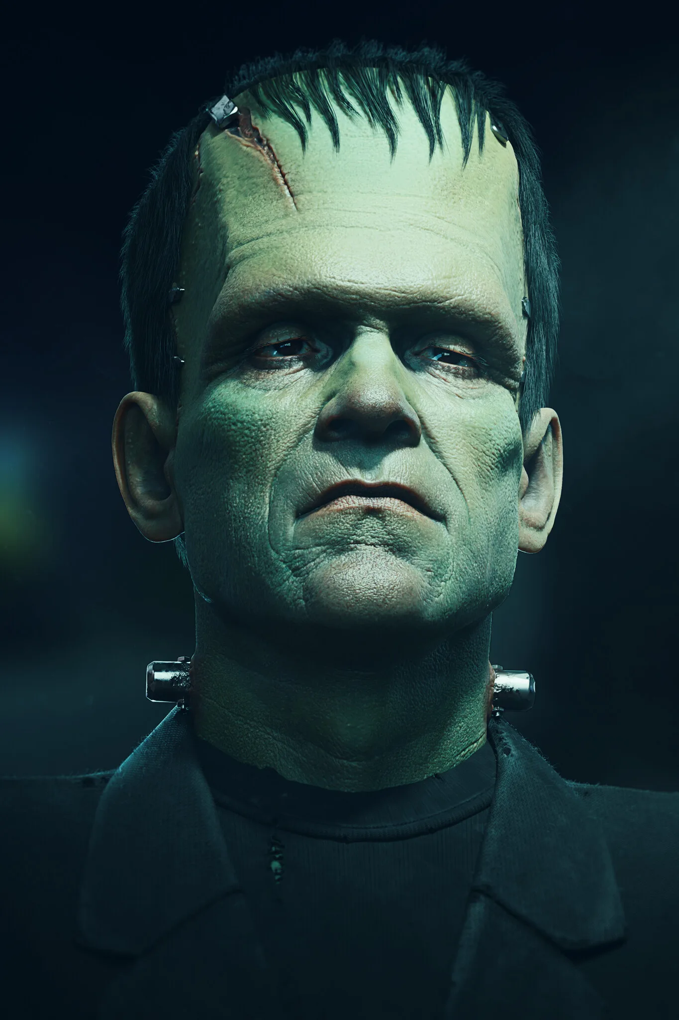 Frankenstein's Monster — front-facing ZBrush likeness sculpt showing suture detail and skin texture, 2023