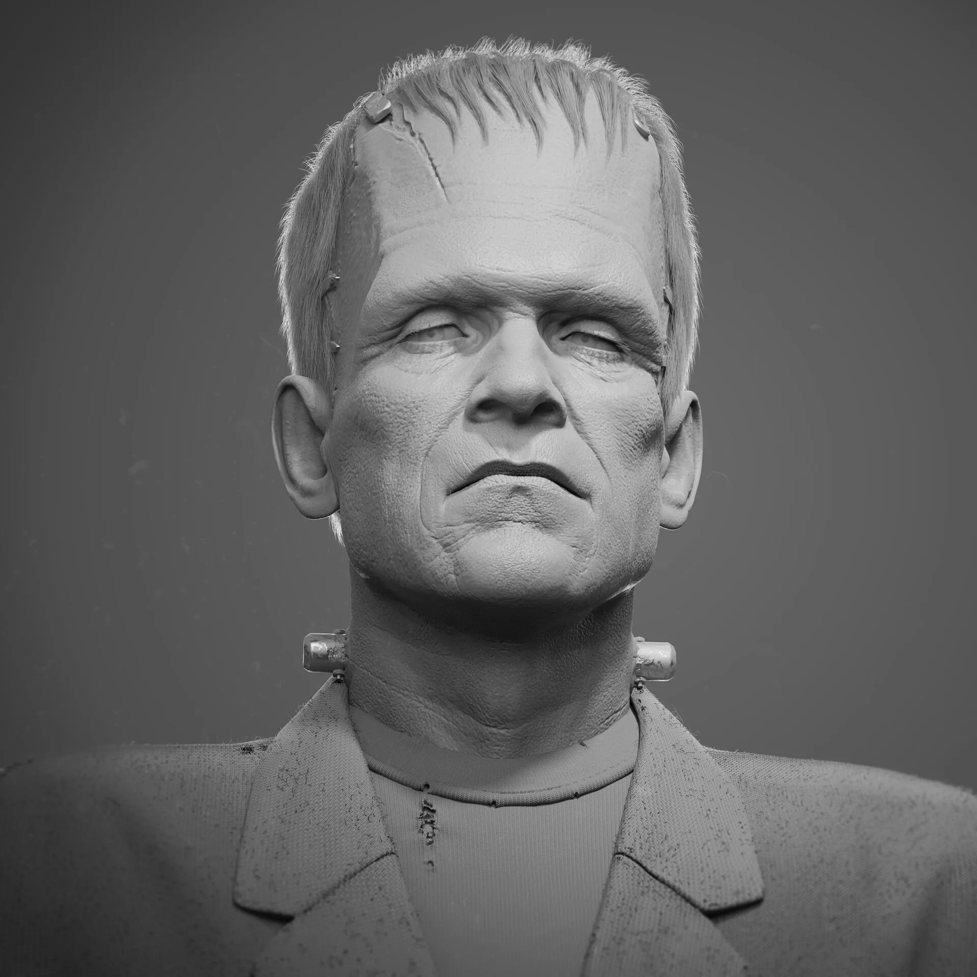 Frankenstein's Monster — skin shader development pass, multi-layer SSS test render in Blender Cycles