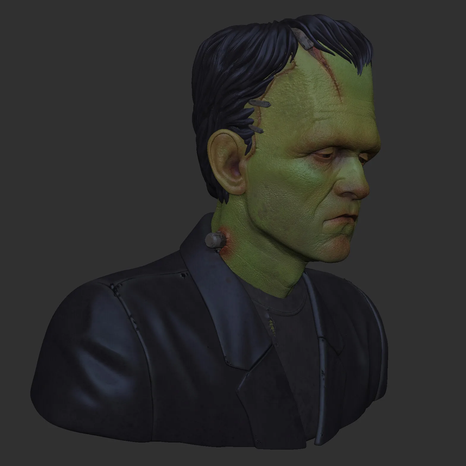 Frankenstein's Monster — character with parental figures, narrative composition render by Anna Schmelzer