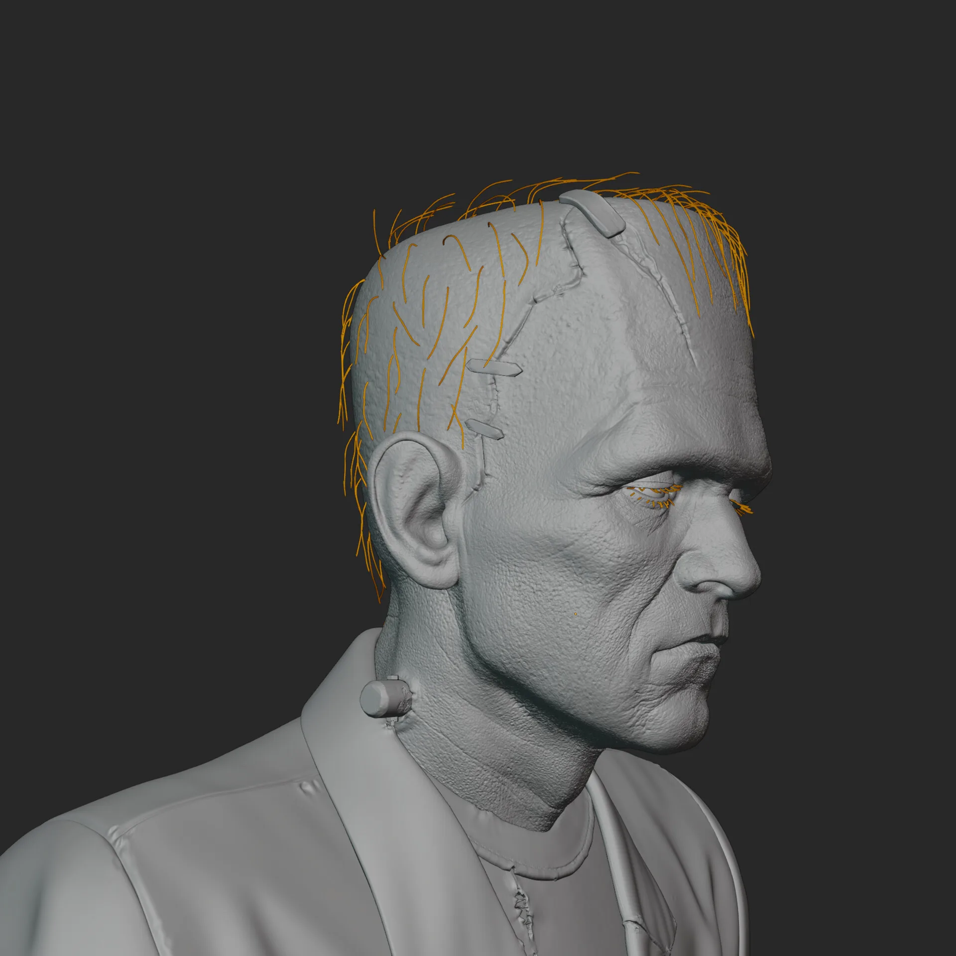 Frankenstein's Monster — side view with parental figures, gothic horror character modelling