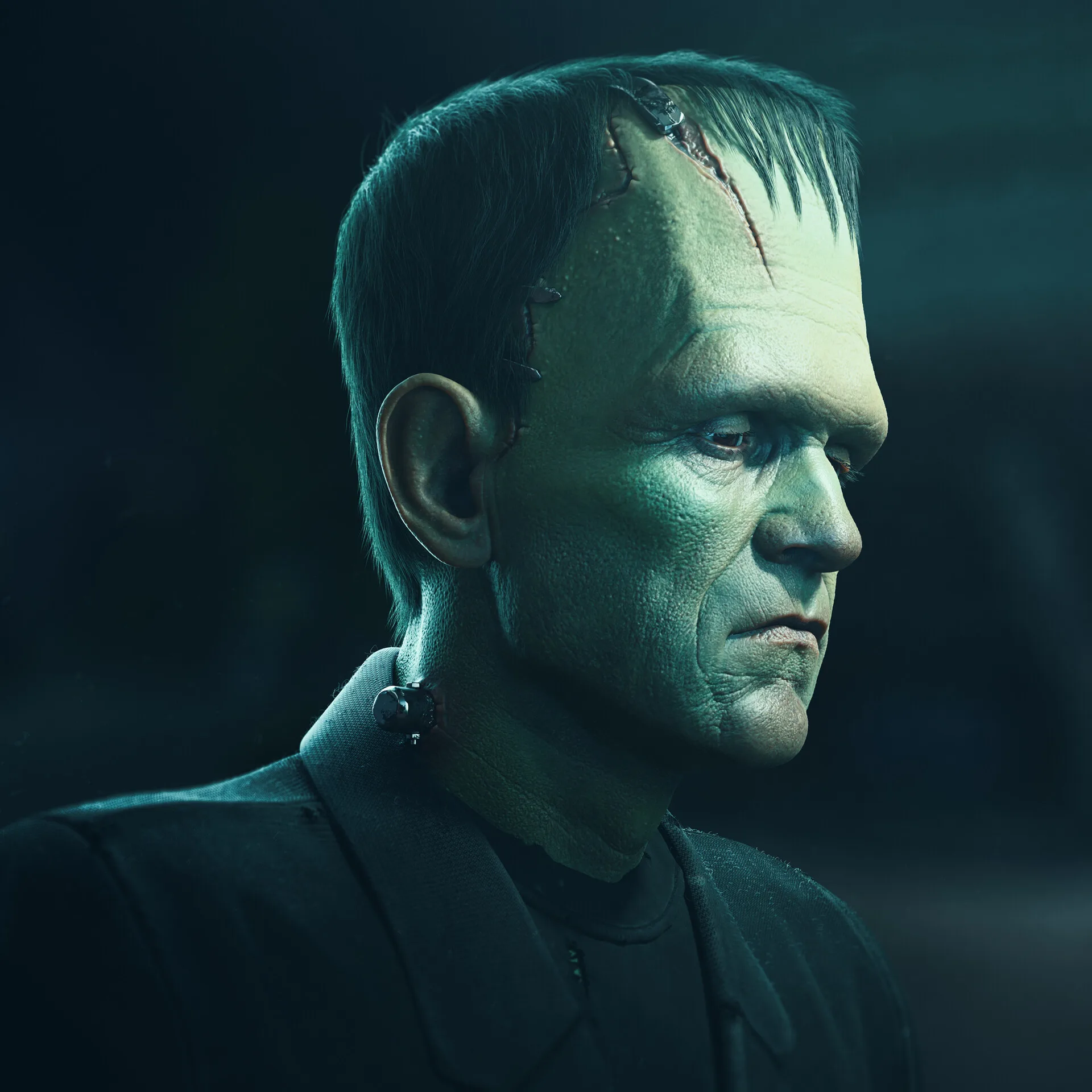 Frankenstein's Monster — wireframe front view showing clean ZBrush topology, character modelling by Anna Schmelzer