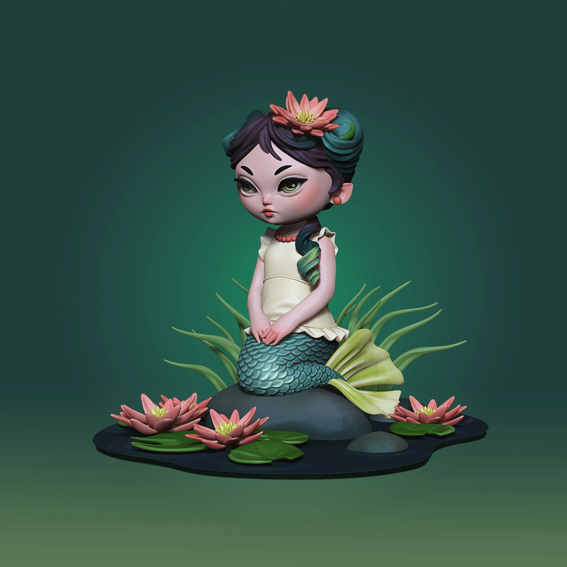 Mermaid Diorama — chibi mermaid character with firefly lantern, ZBrush for iPad sculpt featured on Apple App Store by Anna Schmelzer