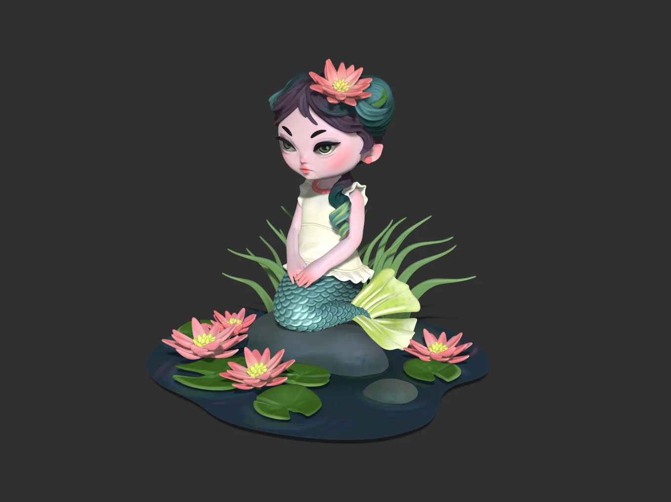 Mermaid Diorama — close-up of the stylised chibi mermaid character's face showing smooth ZBrush for iPad surface work