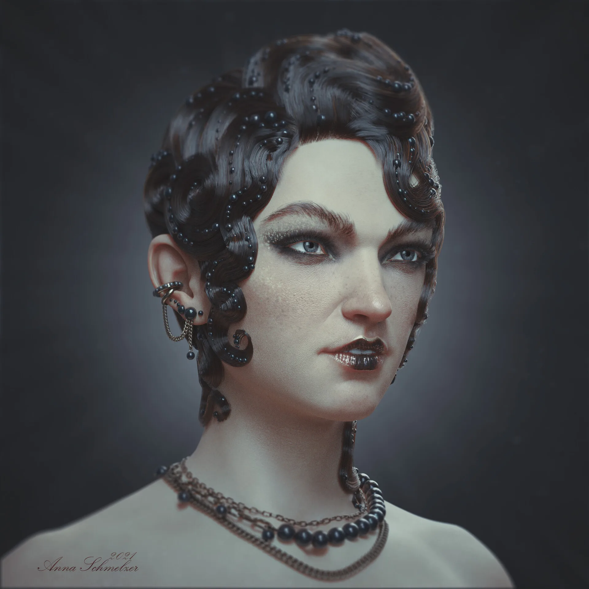 Portrait with Waves — 3/4 right view, hyperrealistic female character sculpt with wave-form hair by Anna Schmelzer