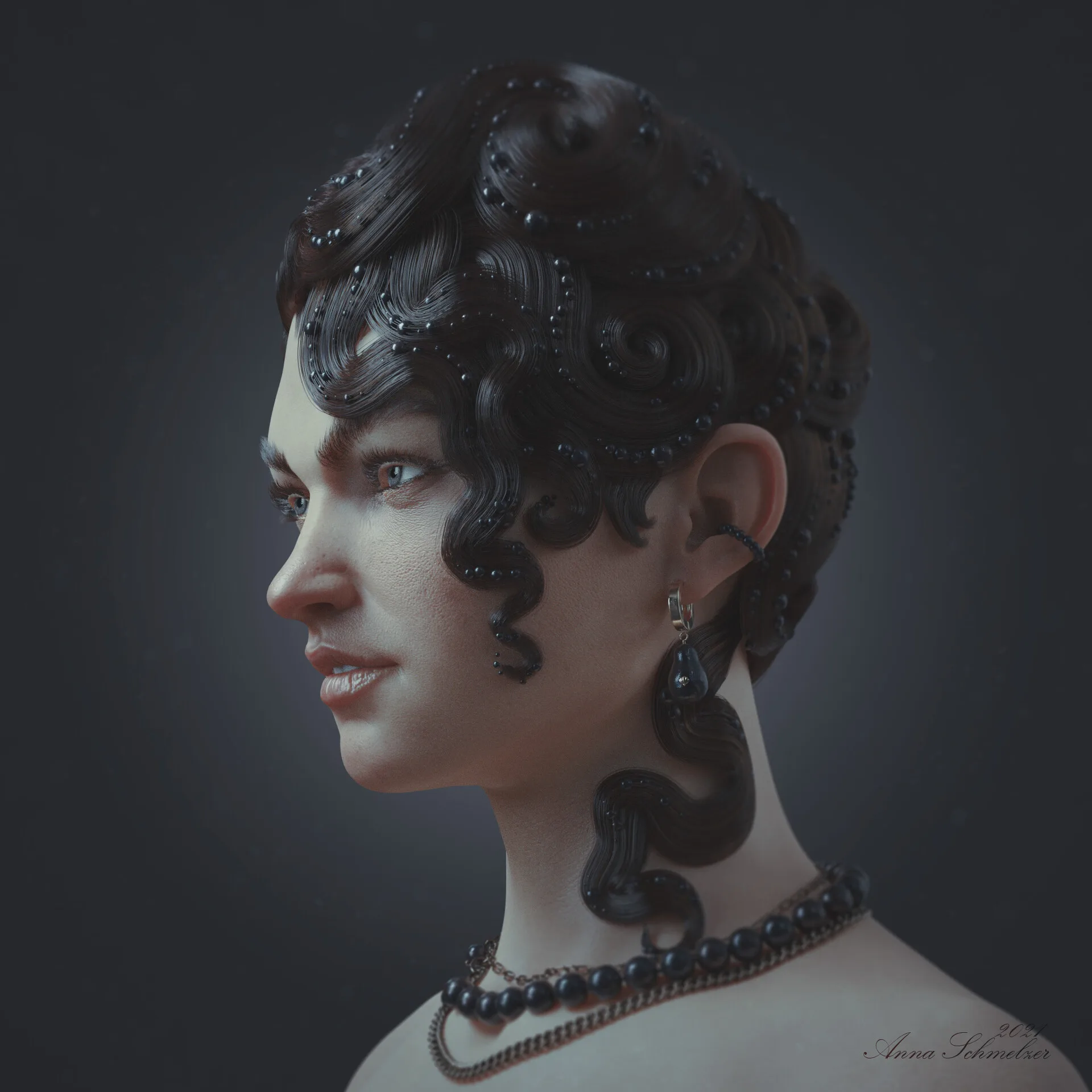 Portrait with Waves — left profile view showing wave hair structure and earring detail, ZBrush character model