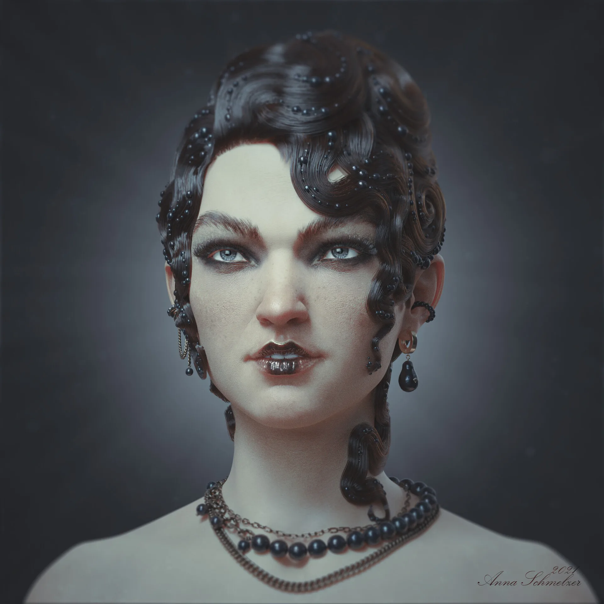 Portrait with Waves — front-facing render with Blender Cycles SSS skin shader, digital sculpture by Anna Schmelzer