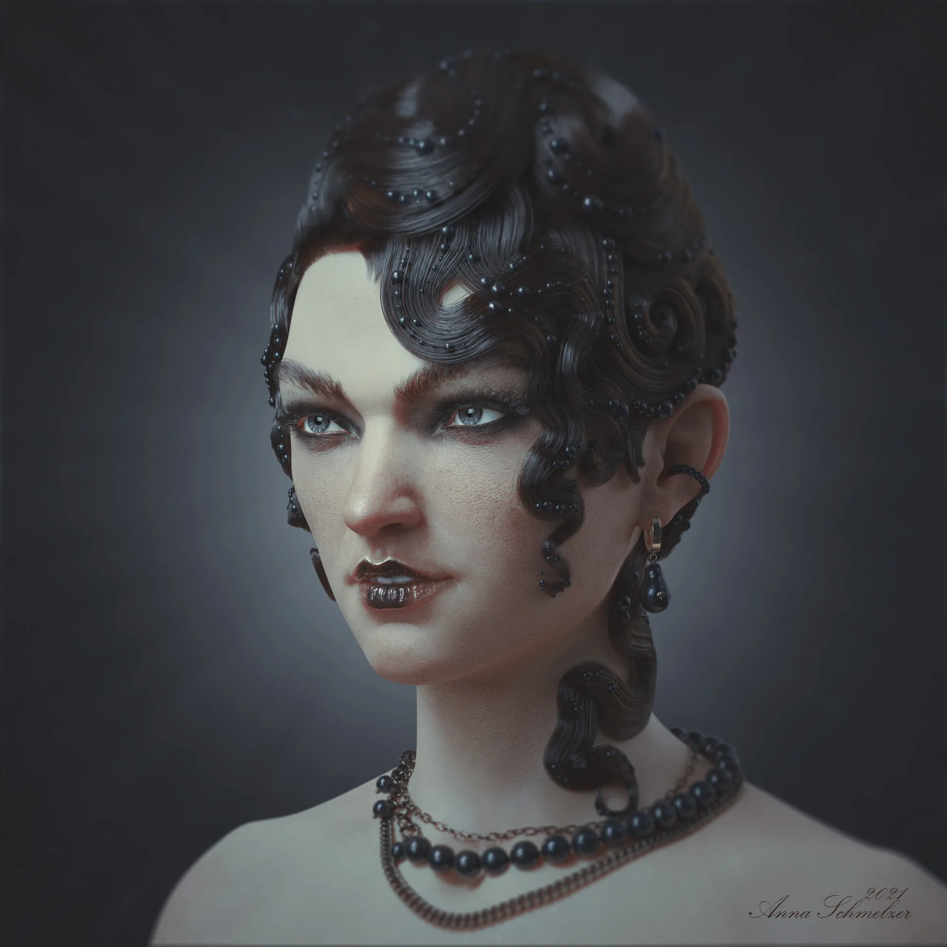Portrait with Waves — 3/4 left view, ZBrush character model with multi-layer SSS skin shader by Anna Schmelzer