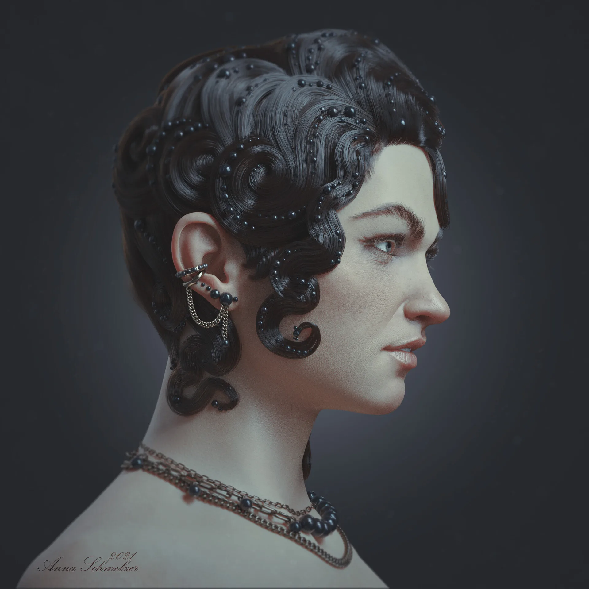 Portrait with Waves — 3/4 right view skin-pass render showing pore and texture detail by Anna Schmelzer