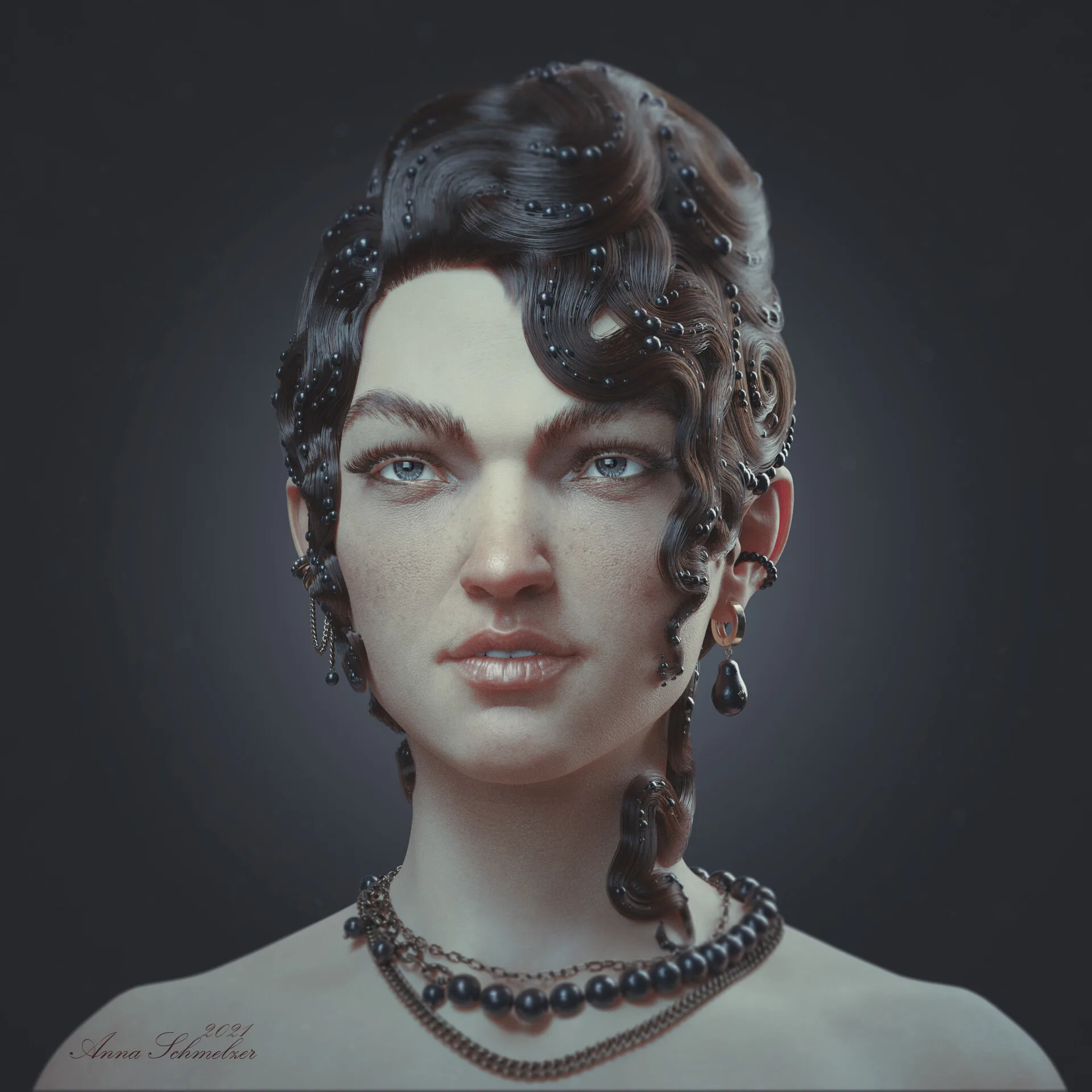 Portrait with Waves — front view skin-pass render, full-face character sculpt by Anna Schmelzer