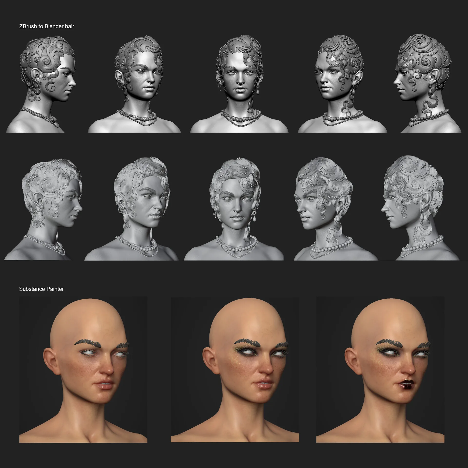 Portrait with Waves — ZBrush clay rotation snapshots showing sculpt progress, character modelling process