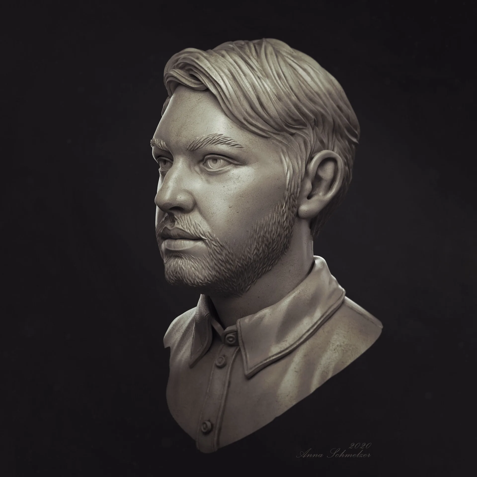 Radcat portrait — Andre, 45-degree left view, hyperrealistic ZBrush character sculpt by Anna Schmelzer