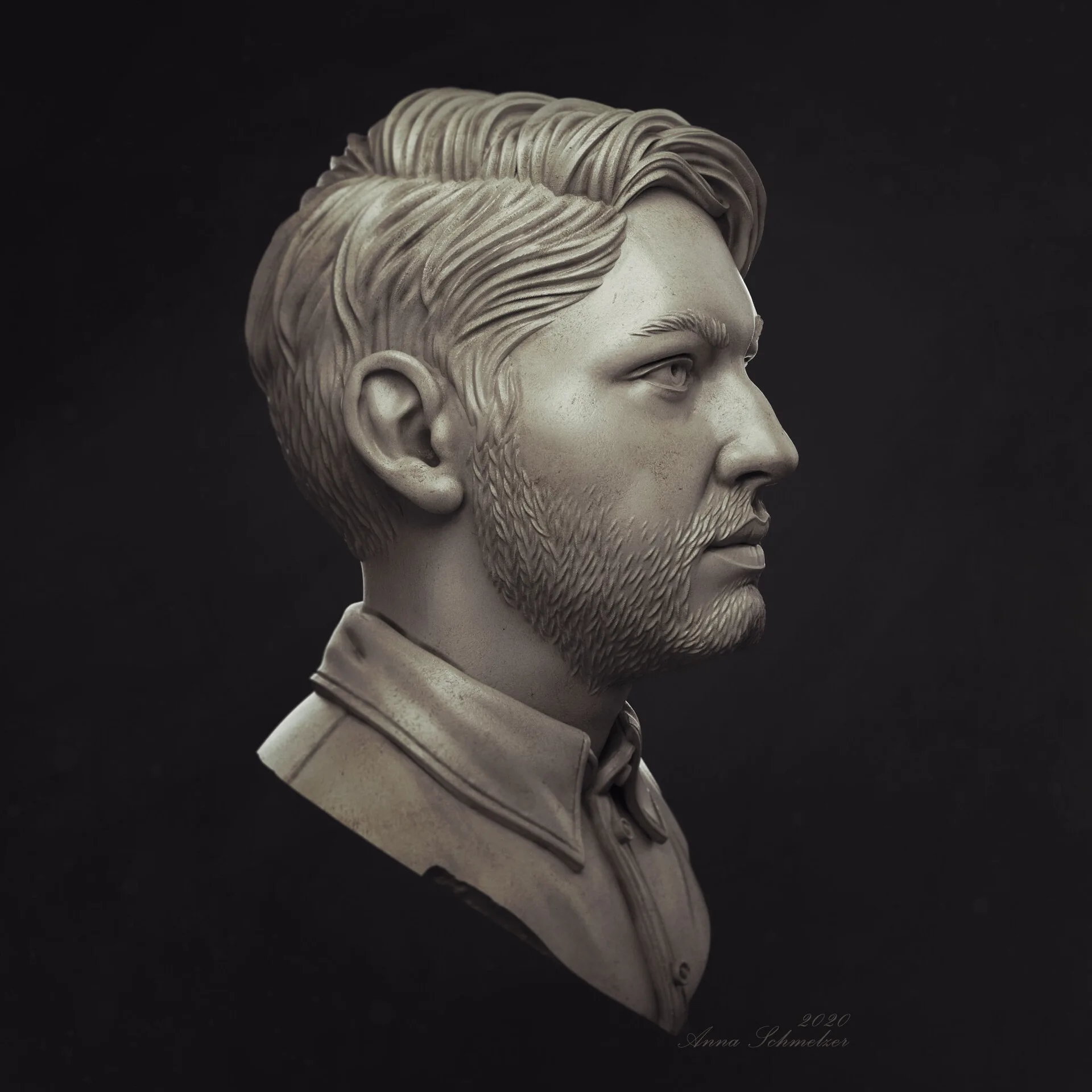 Radcat portrait — Andre, 60-degree right view, digital portrait sculpt in ZBrush by Anna Schmelzer