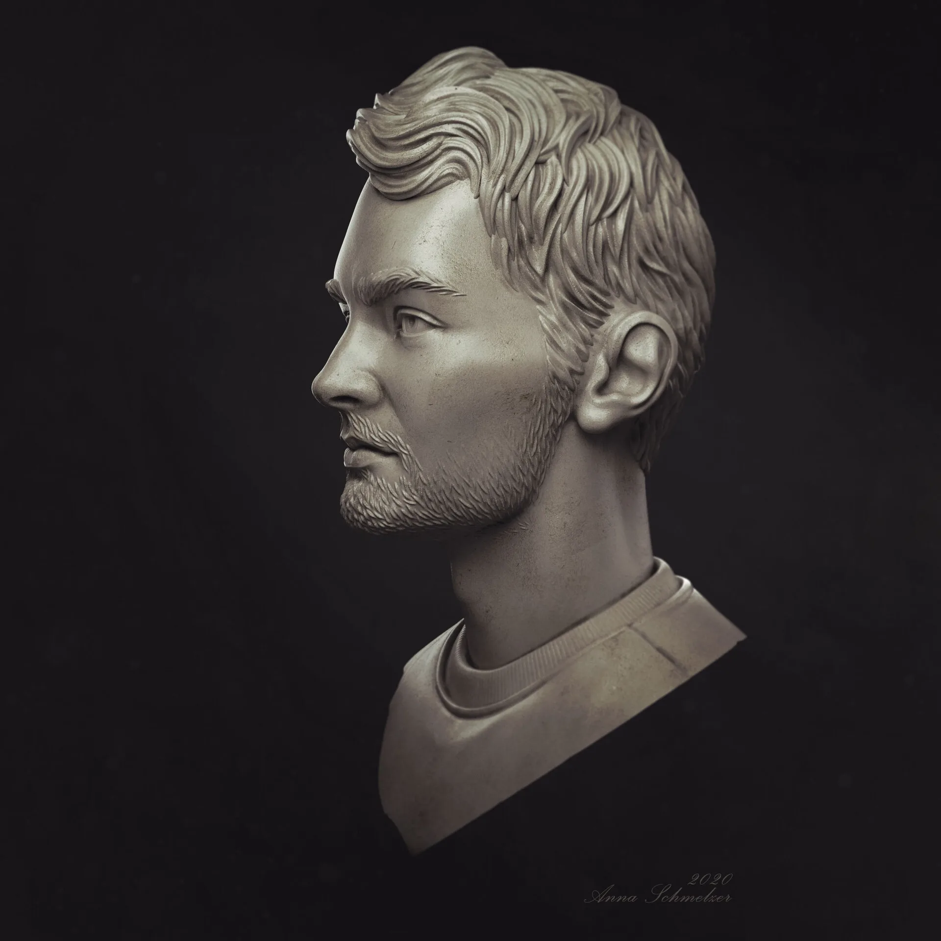 Radcat portrait — Brendan, 45-degree left view, hyperrealistic ZBrush character sculpt by Anna Schmelzer
