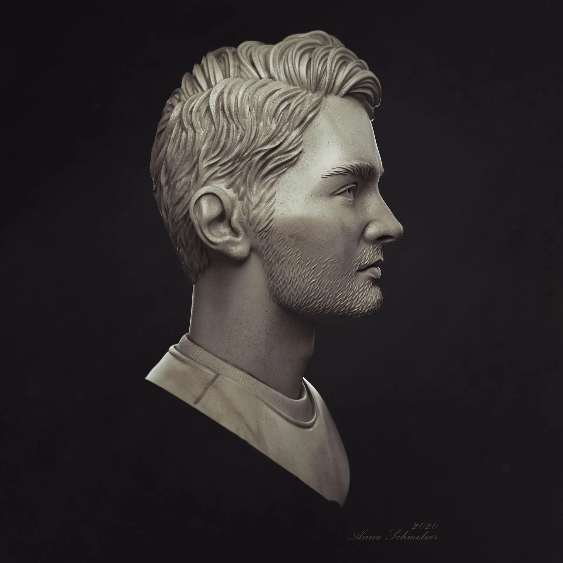 Radcat portrait — Brendan, side-left profile, hyperrealistic digital character sculpt by Anna Schmelzer