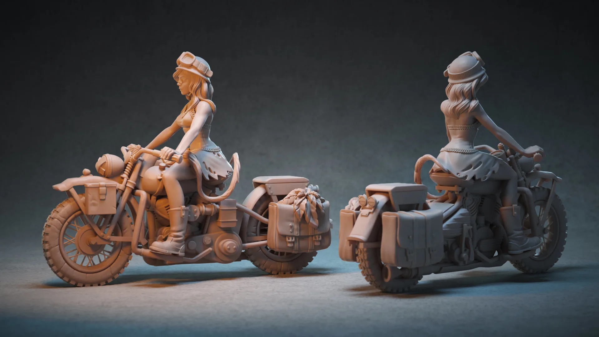 Stranski Girl on motorcycle — scale model kit sculpted in ZBrush by Anna Schmelzer for Industria Mechanika