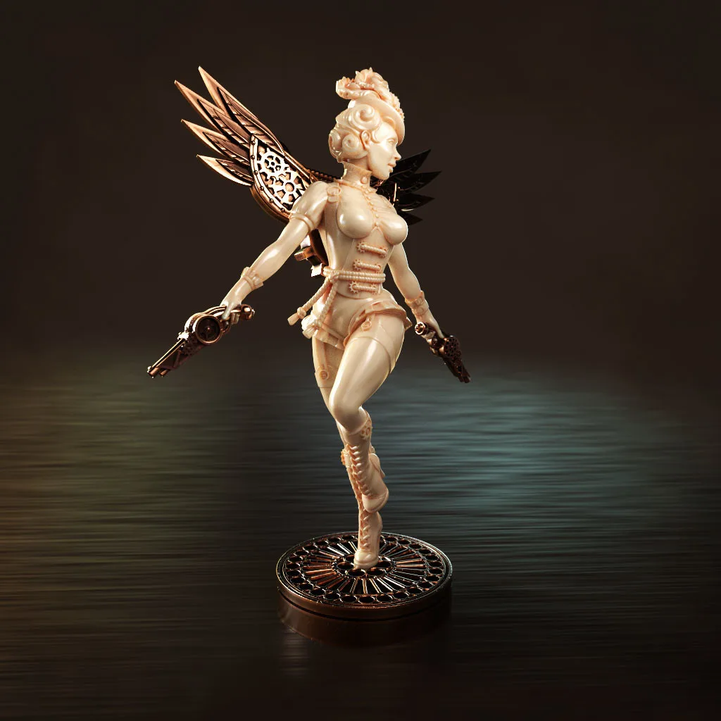 Vicky Victorian Angels — detail angles of corset and clockwork wing mechanism, 80mm ZBrush miniature by Anna Schmelzer